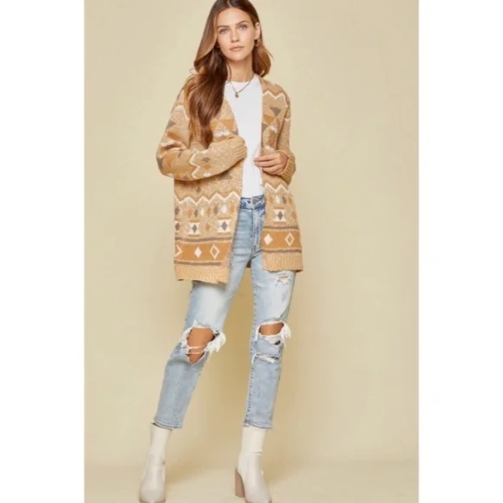 Taupe Gray Boho Aztec Open Cardigan Sweater - Picture 5 of 6
